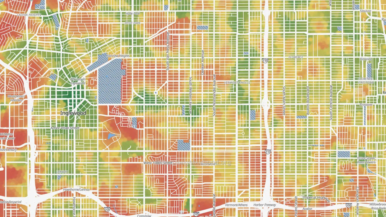 Walk Grade map of 90047, CA, walkable areas in green and car-dependent areas in red