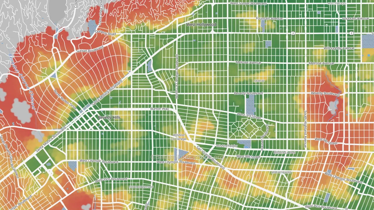 Walk Grade map of 90048, CA, walkable areas in green and car-dependent areas in red