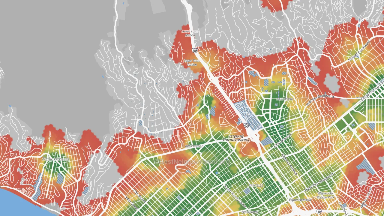 Walk Grade map of 90049, CA, walkable areas in green and car-dependent areas in red