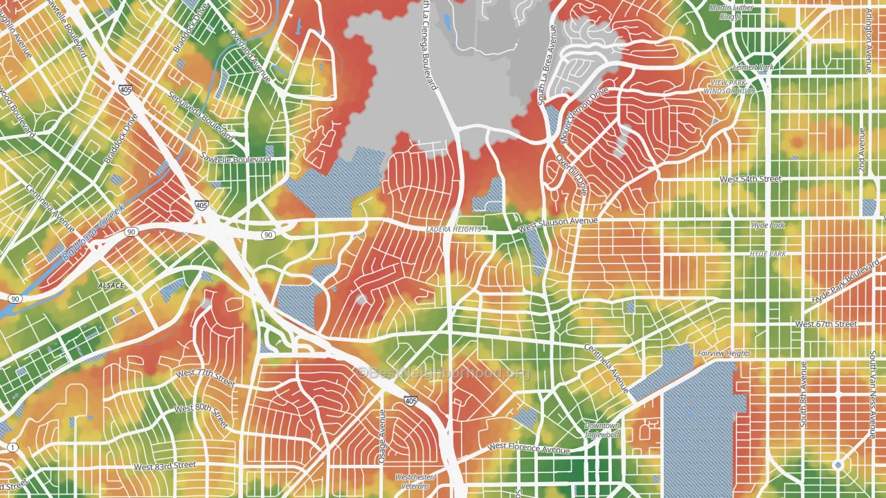 Walk Grade map of 90056, CA, walkable areas in green and car-dependent areas in red