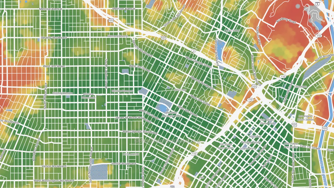 Walk Grade map of 90057, CA, walkable areas in green and car-dependent areas in red