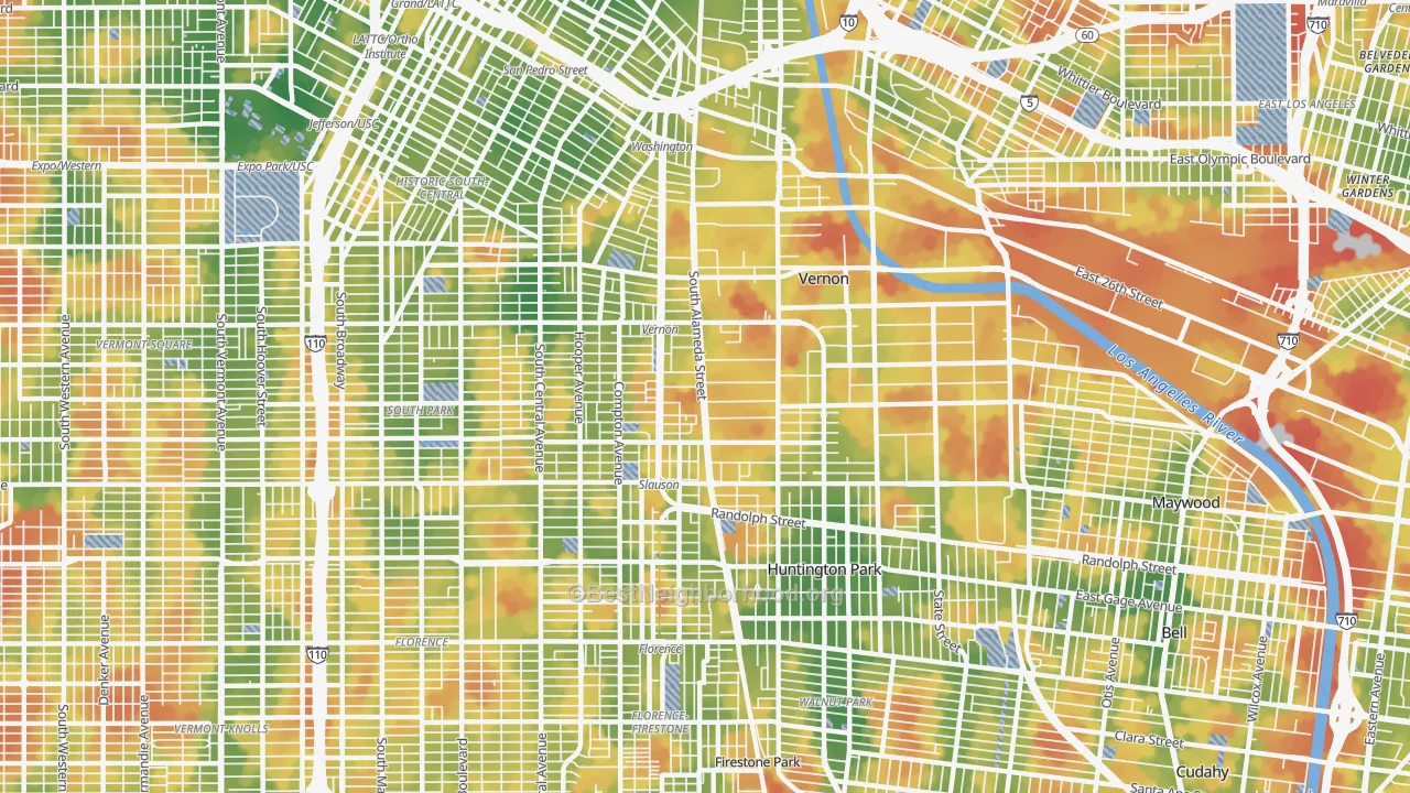 Walk Grade map of 90058, CA, walkable areas in green and car-dependent areas in red