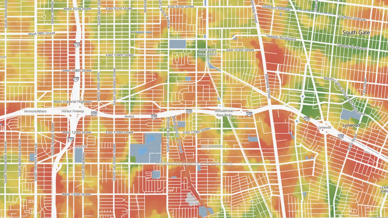 Walk Grade map of 90059, CA, walkable areas in green and car-dependent areas in red