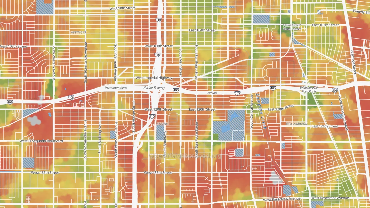 Walk Grade map of 90061, CA, walkable areas in green and car-dependent areas in red