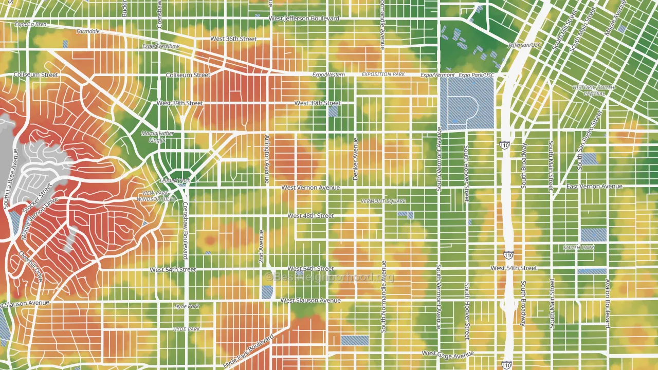 Walk Grade map of 90062, CA, walkable areas in green and car-dependent areas in red