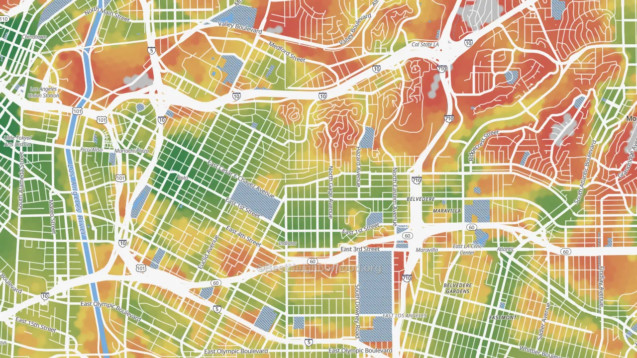 Walk Grade map of 90063, CA, walkable areas in green and car-dependent areas in red