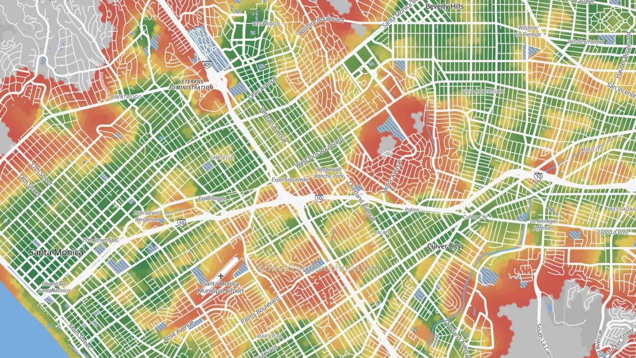 Walk Grade map of 90064, CA, walkable areas in green and car-dependent areas in red