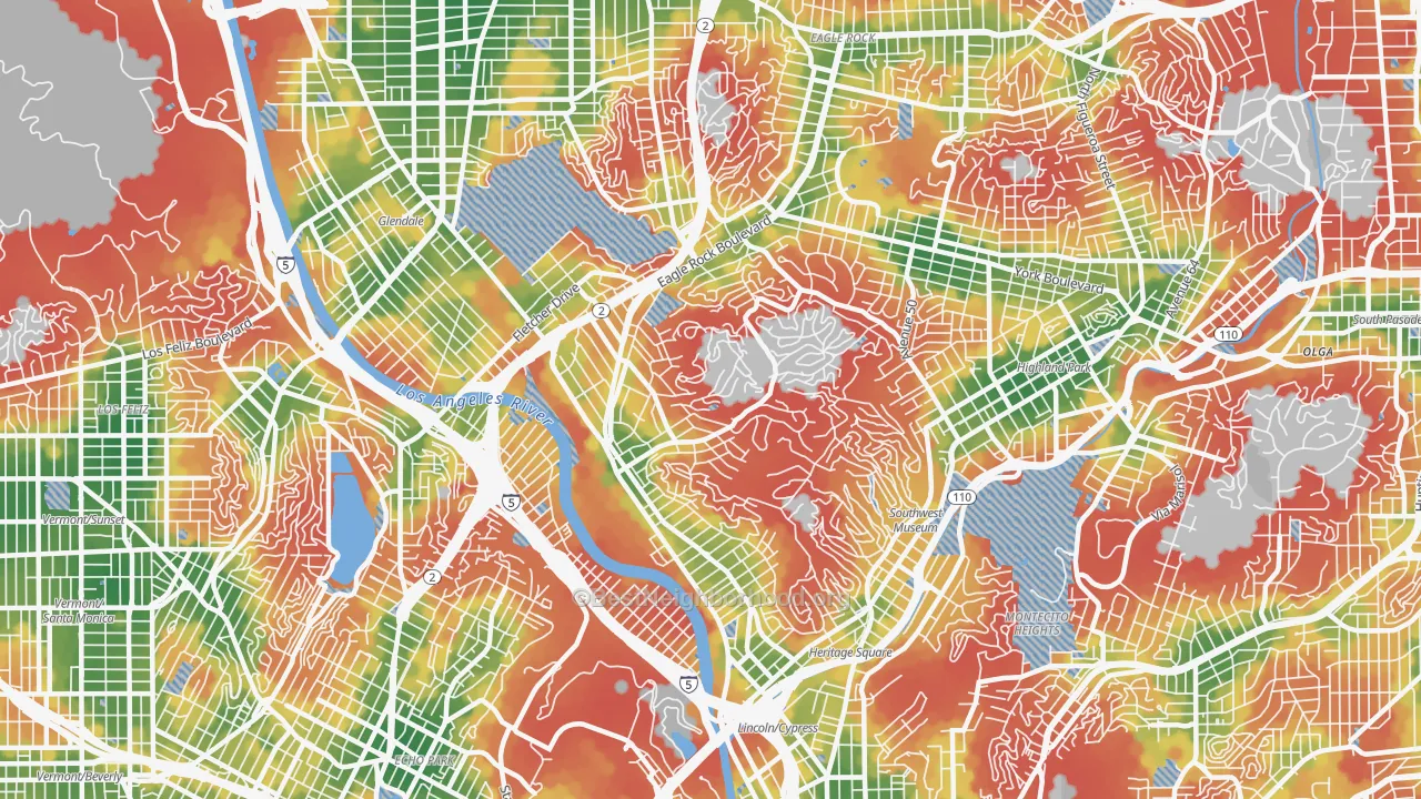 Walk Grade map of 90065, CA, walkable areas in green and car-dependent areas in red