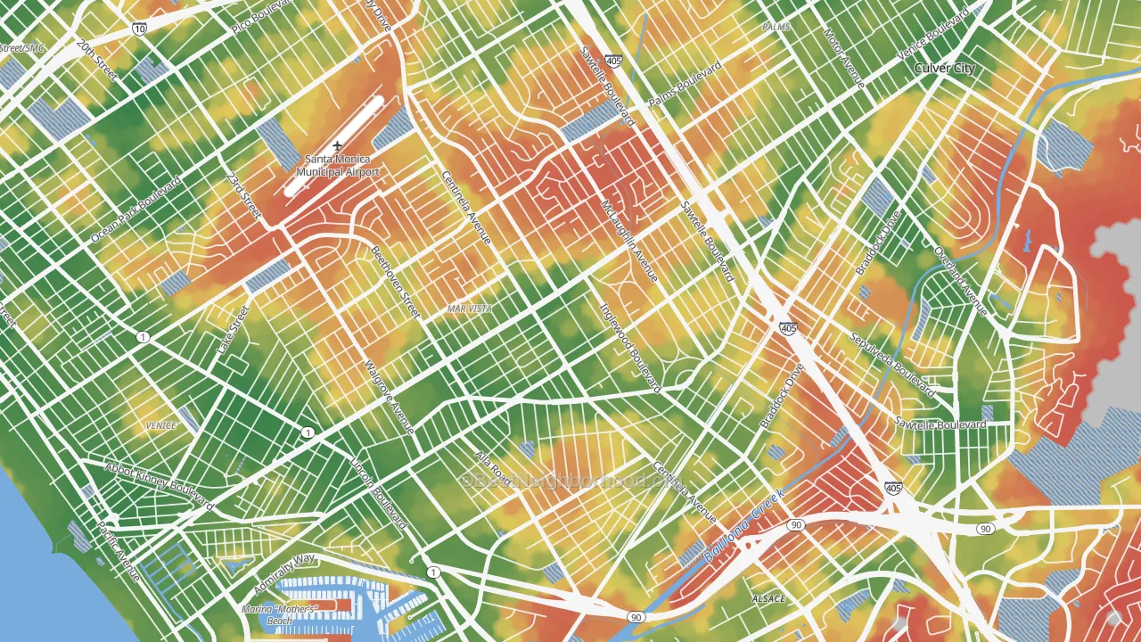 Walk Grade map of 90066, CA, walkable areas in green and car-dependent areas in red