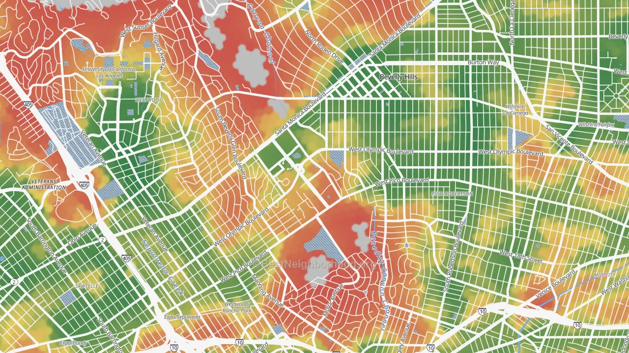 Walk Grade map of 90067, CA, walkable areas in green and car-dependent areas in red