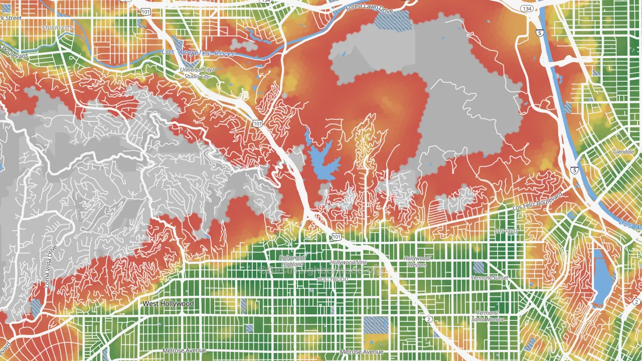 Walk Grade map of 90068, CA, walkable areas in green and car-dependent areas in red