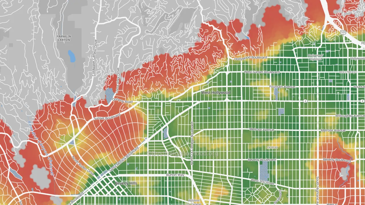 Walk Grade map of 90069, CA, walkable areas in green and car-dependent areas in red