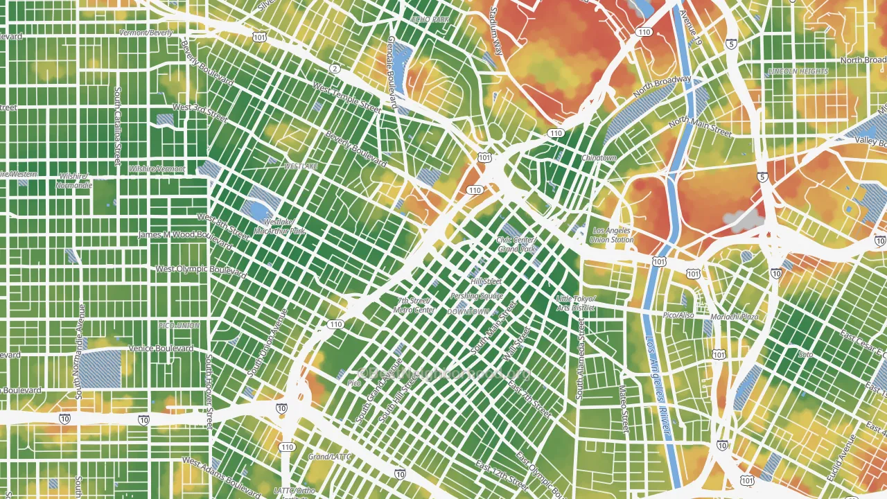 Walk Grade map of 90071, CA, walkable areas in green and car-dependent areas in red
