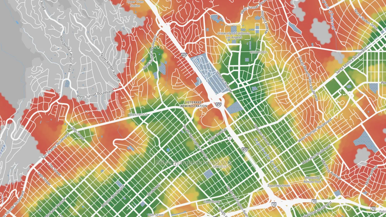 Walk Grade map of 90073, CA, walkable areas in green and car-dependent areas in red