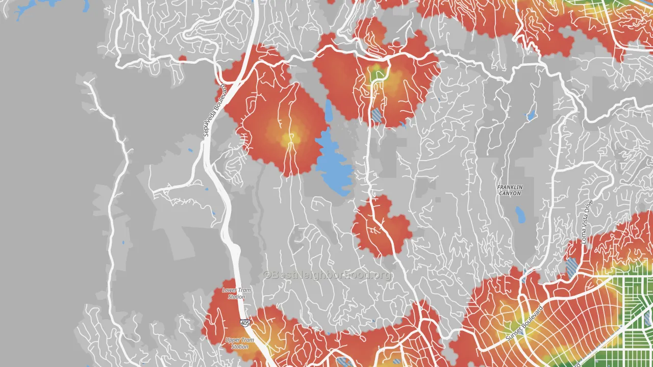 Walk Grade map of 90077, CA, walkable areas in green and car-dependent areas in red