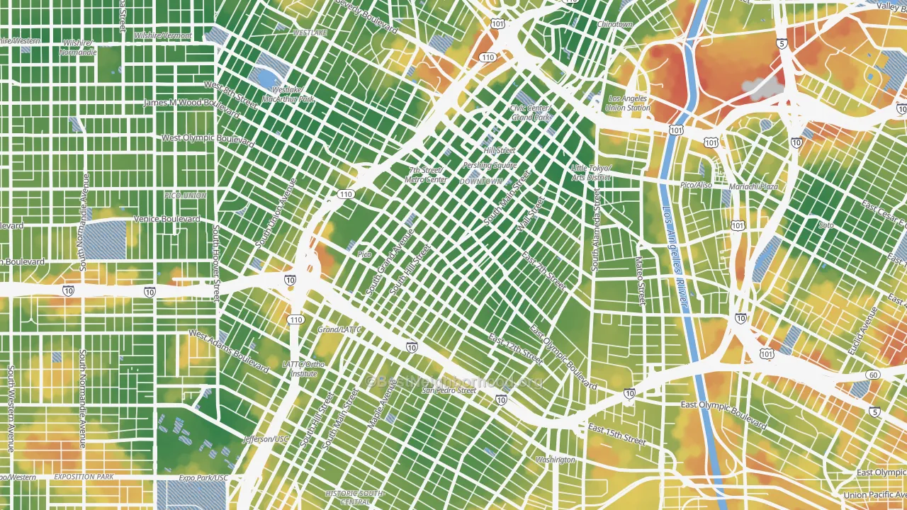 Walk Grade map of 90079, CA, walkable areas in green and car-dependent areas in red