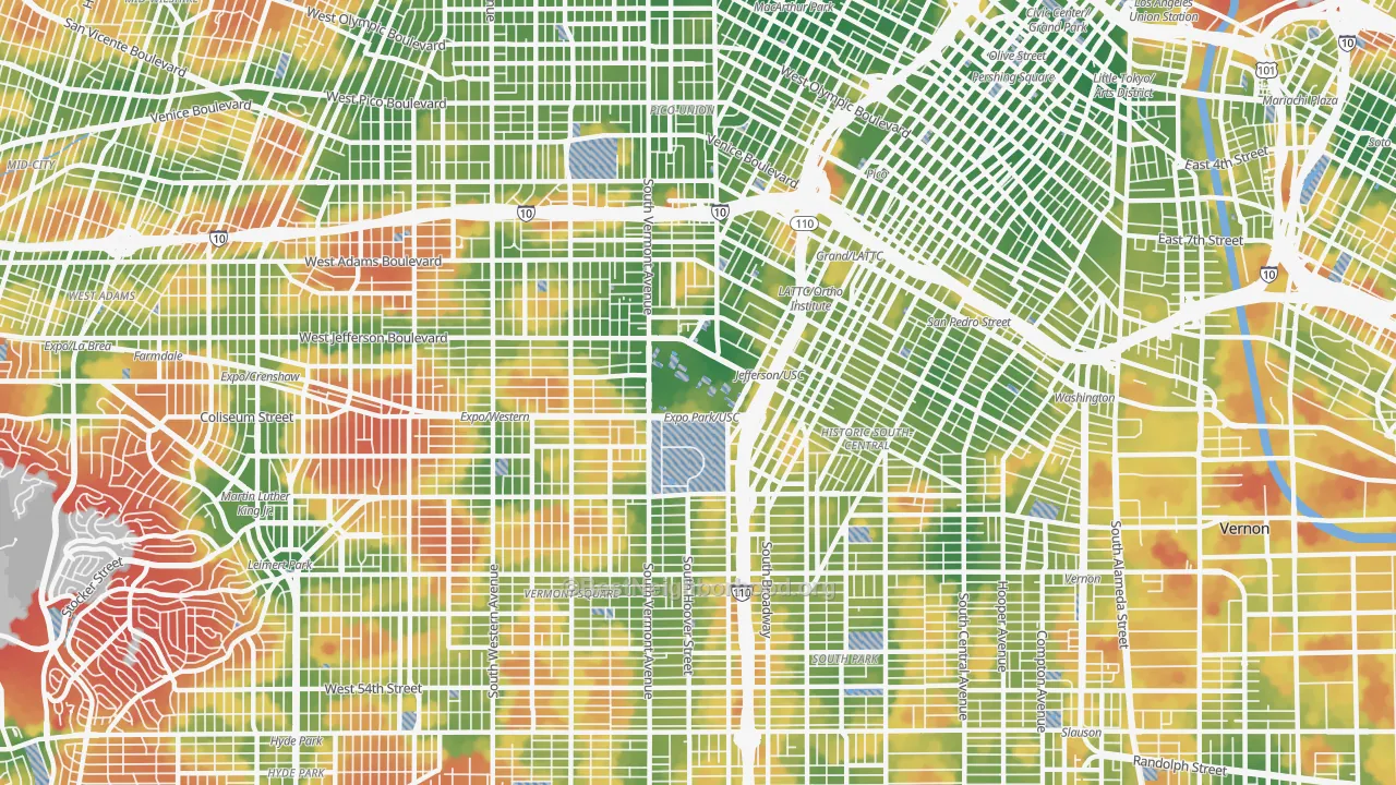 Walk Grade map of 90089, CA, walkable areas in green and car-dependent areas in red