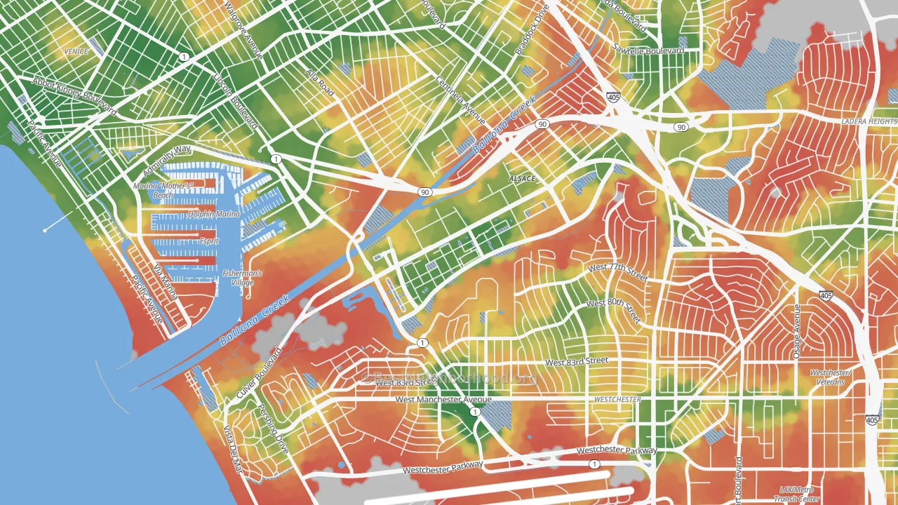 Walk Grade map of 90094, CA, walkable areas in green and car-dependent areas in red