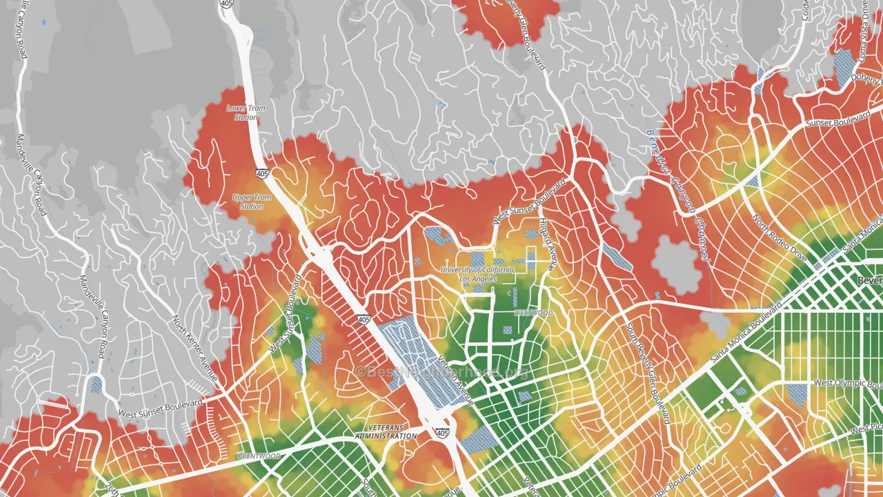 Walk Grade map of 90095, CA, walkable areas in green and car-dependent areas in red