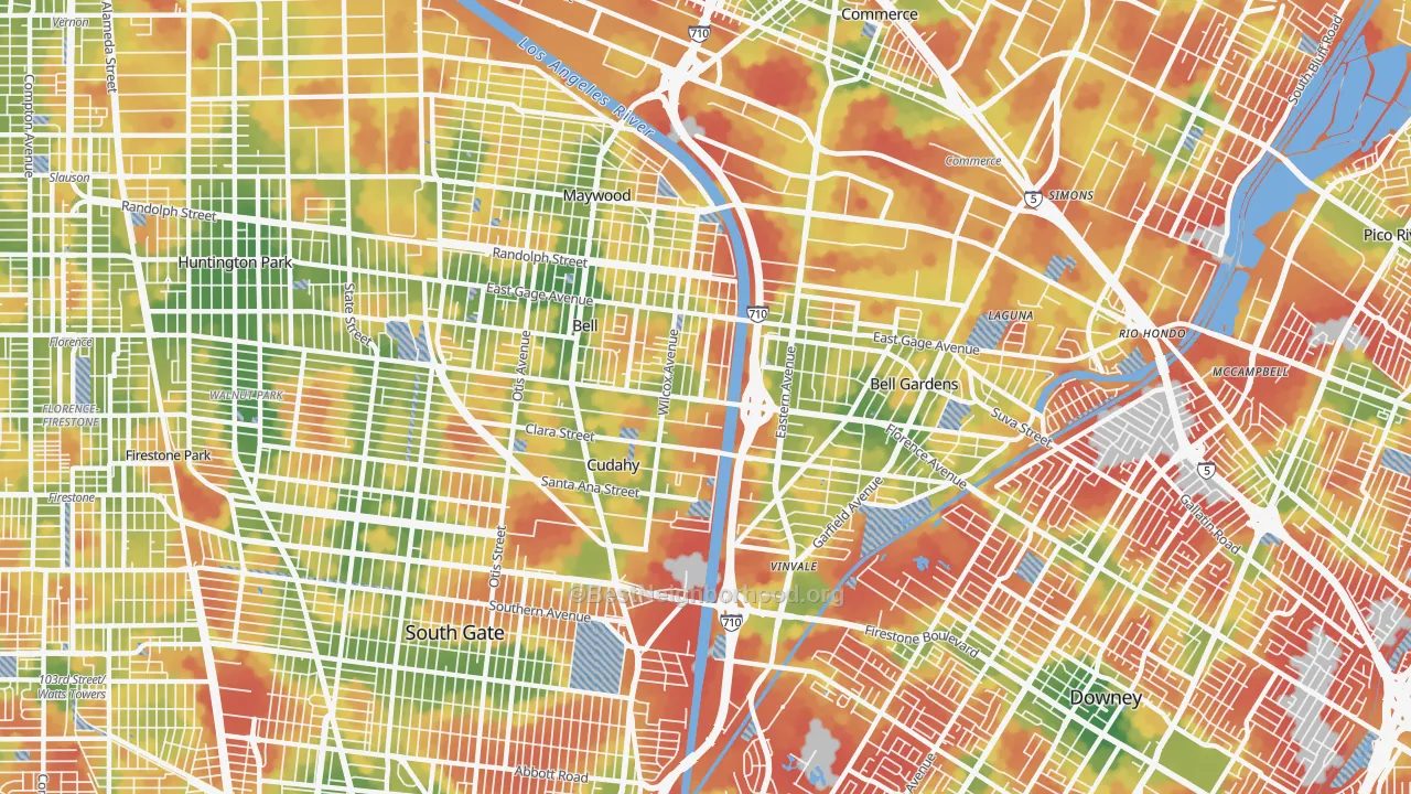 Walk Grade map of 90201, CA, walkable areas in green and car-dependent areas in red