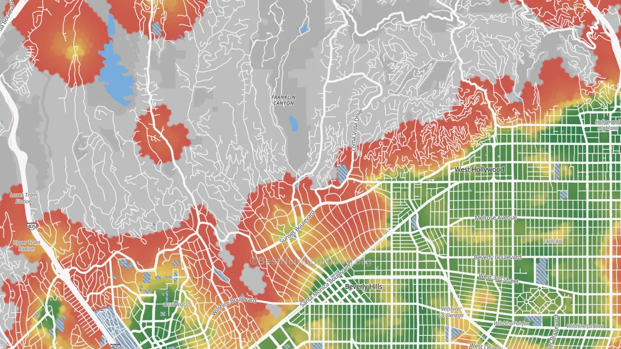Walk Grade map of 90210, CA, walkable areas in green and car-dependent areas in red