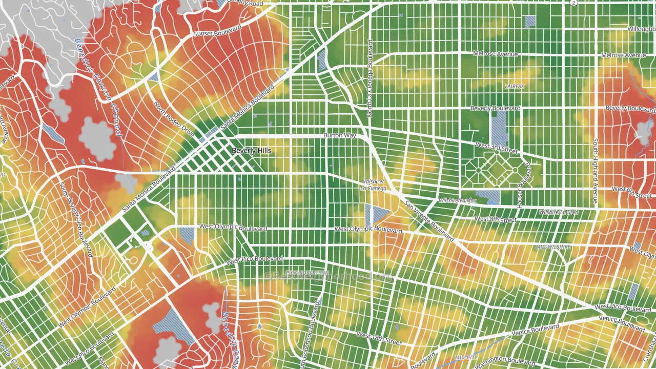 Walk Grade map of 90211, CA, walkable areas in green and car-dependent areas in red