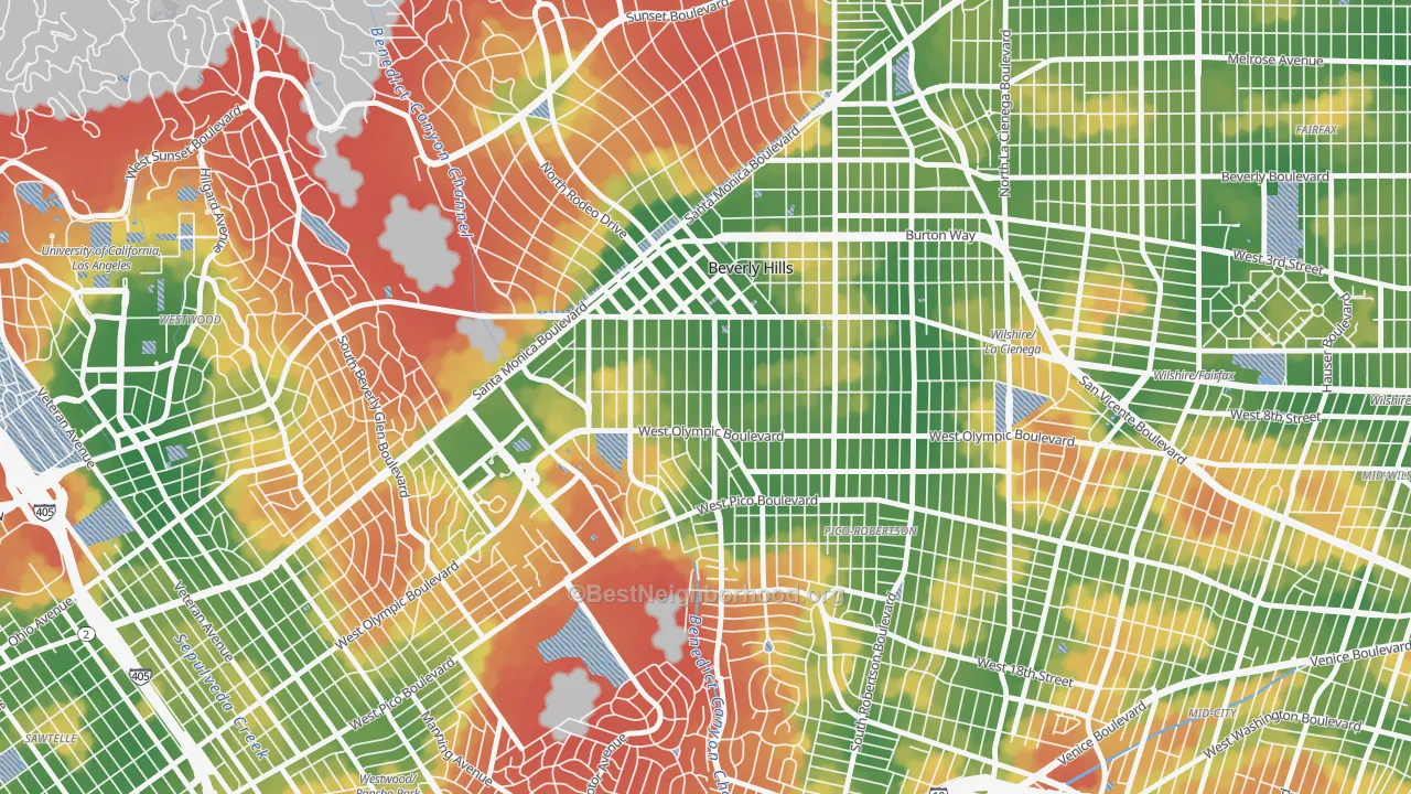 Walk Grade map of 90212, CA, walkable areas in green and car-dependent areas in red