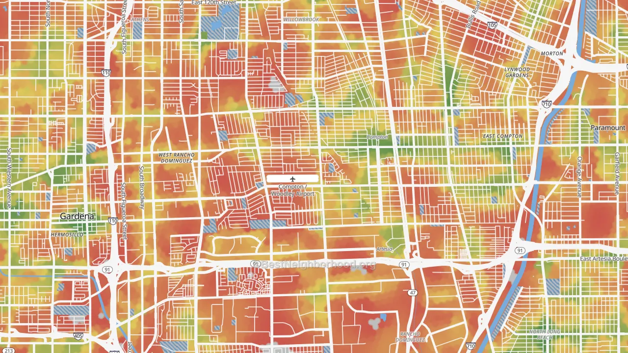 Walk Grade map of 90220, CA, walkable areas in green and car-dependent areas in red