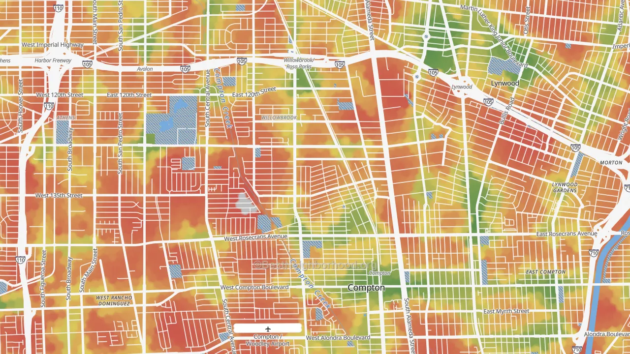 Walk Grade map of 90222, CA, walkable areas in green and car-dependent areas in red