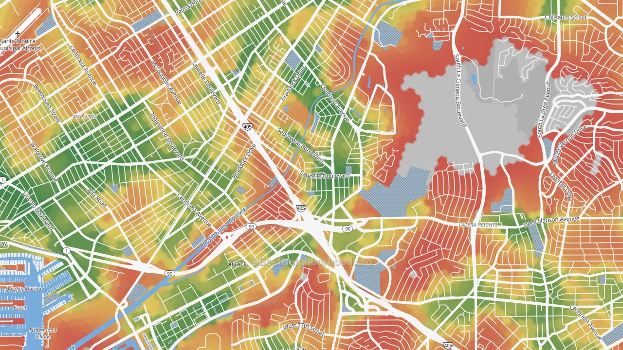 Walk Grade map of 90230, CA, walkable areas in green and car-dependent areas in red