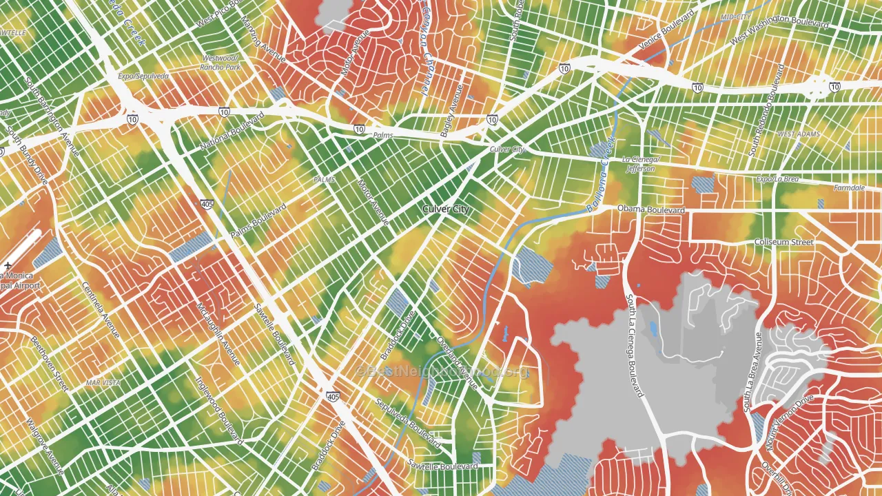 Walk Grade map of 90232, CA, walkable areas in green and car-dependent areas in red