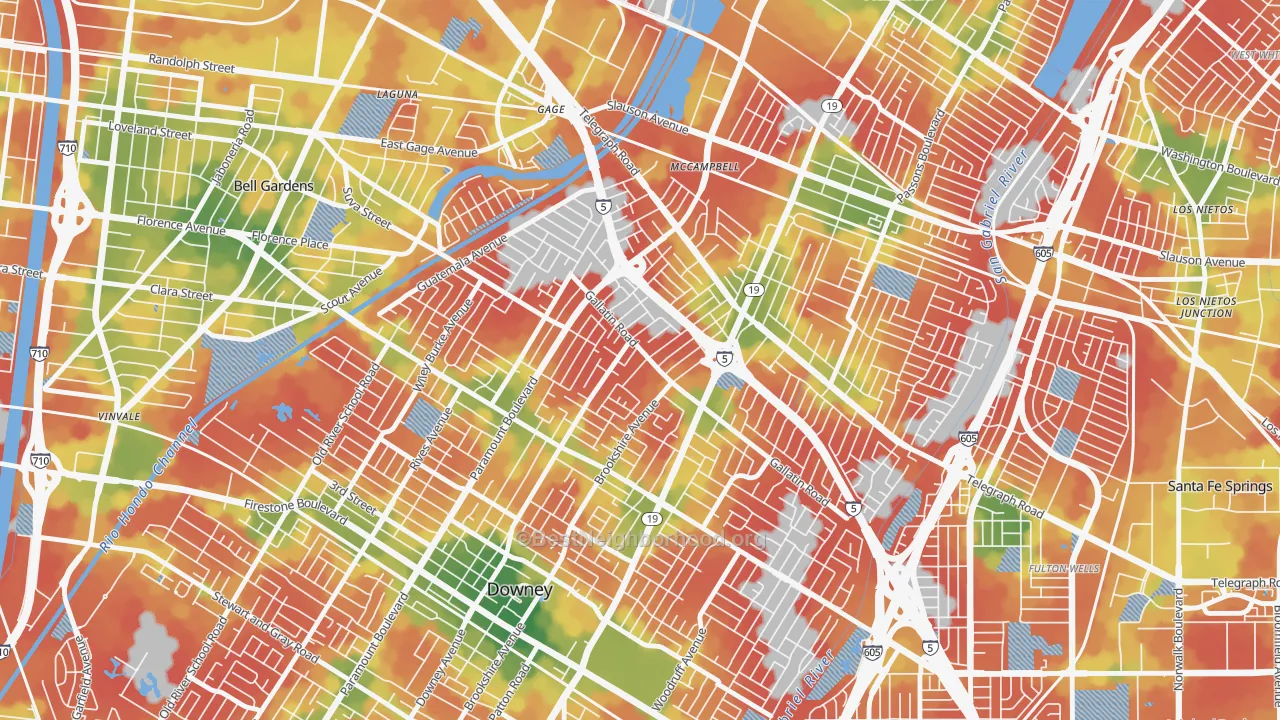 Walk Grade map of 90240, CA, walkable areas in green and car-dependent areas in red
