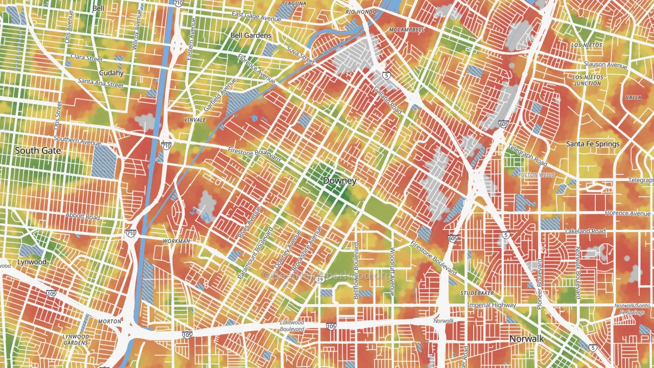Walk Grade map of 90241, CA, walkable areas in green and car-dependent areas in red