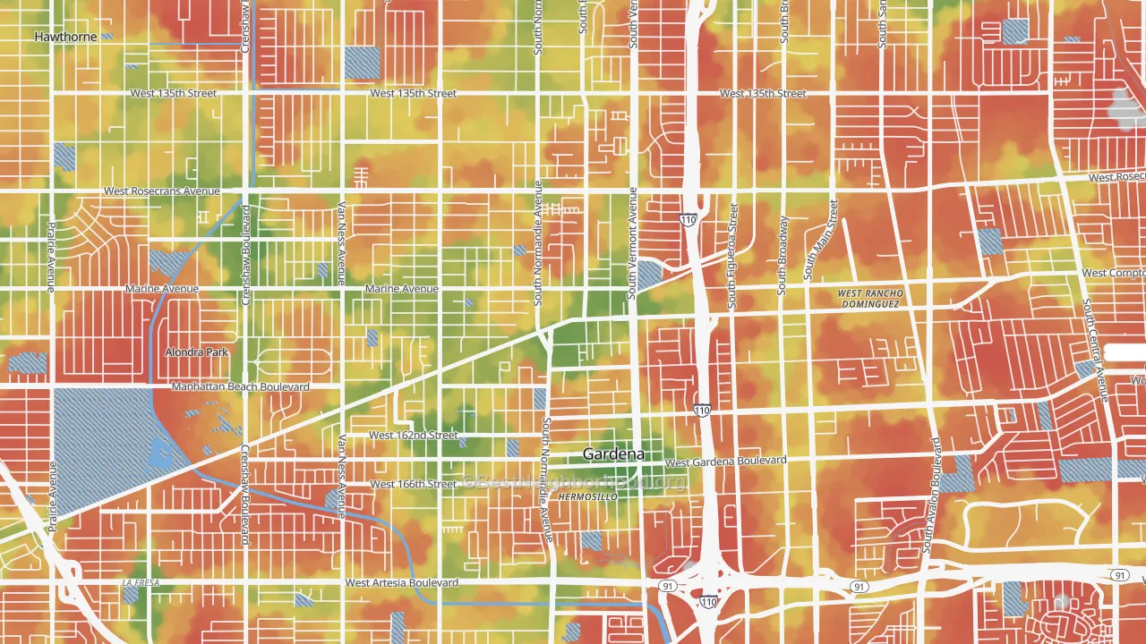 Walk Grade map of 90247, CA, walkable areas in green and car-dependent areas in red