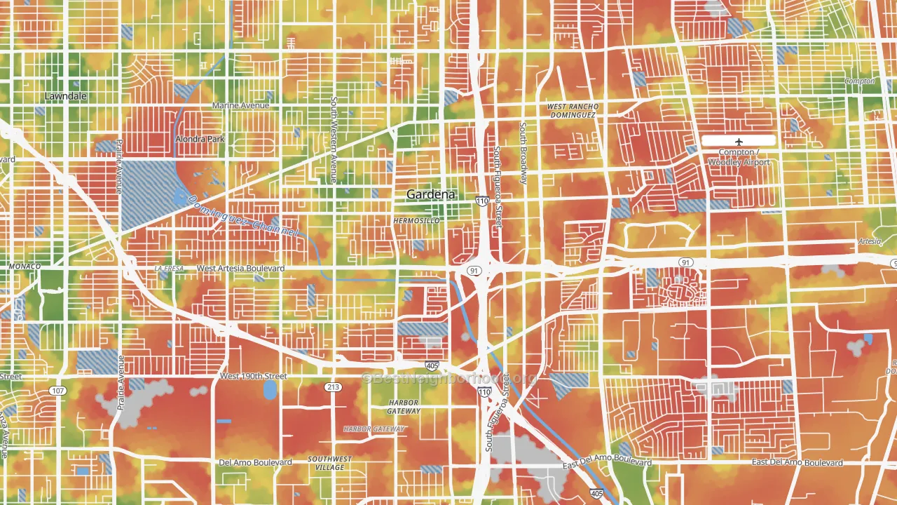 Walk Grade map of 90248, CA, walkable areas in green and car-dependent areas in red