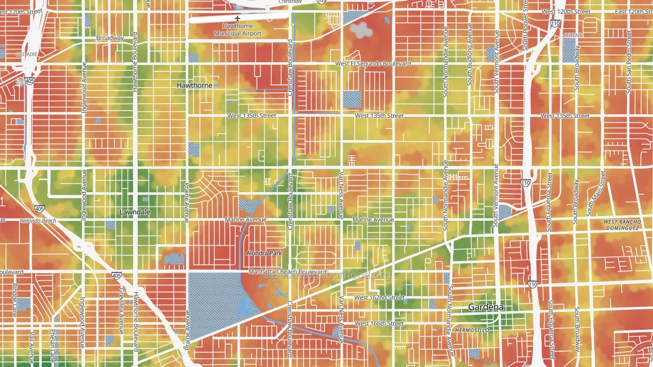 Walk Grade map of 90249, CA, walkable areas in green and car-dependent areas in red