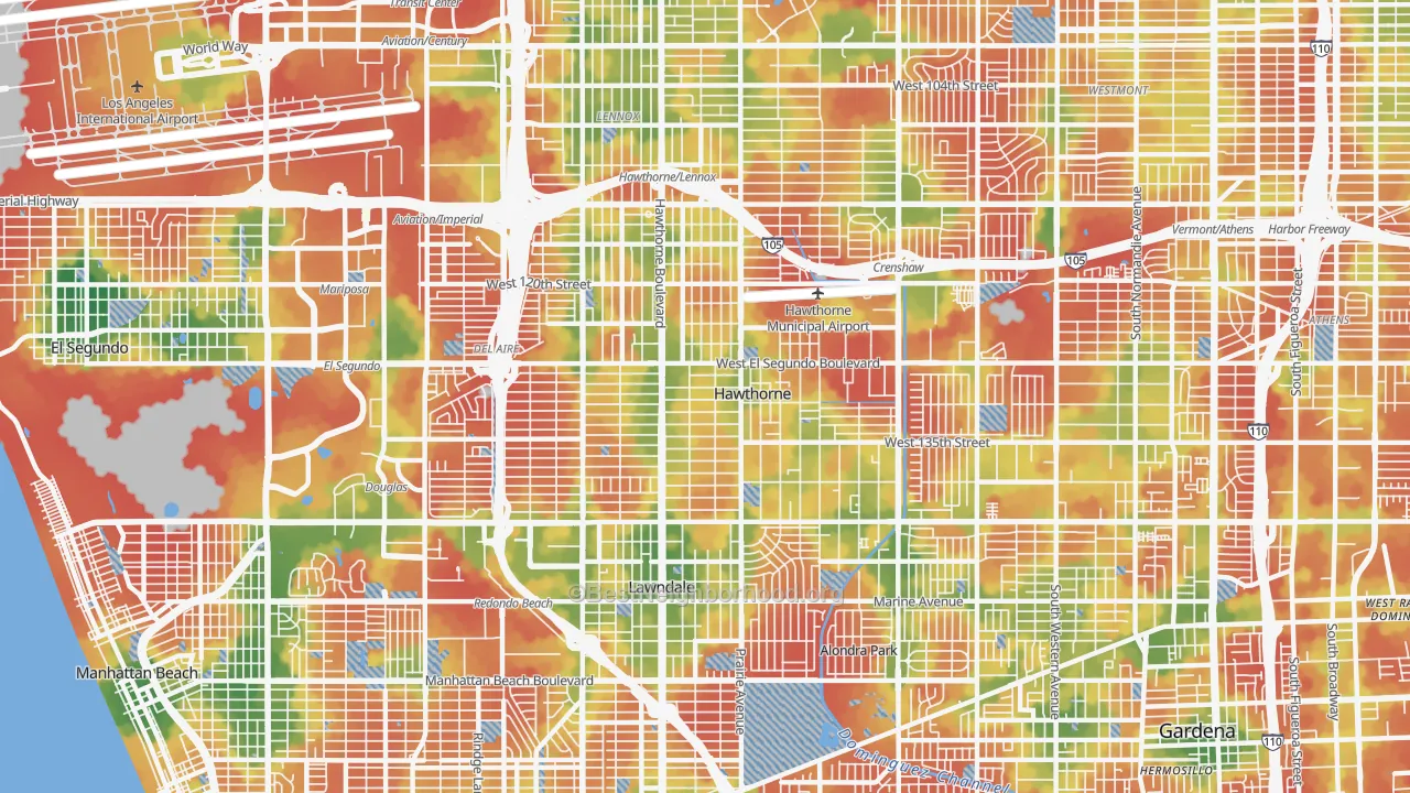 Walk Grade map of 90250, CA, walkable areas in green and car-dependent areas in red