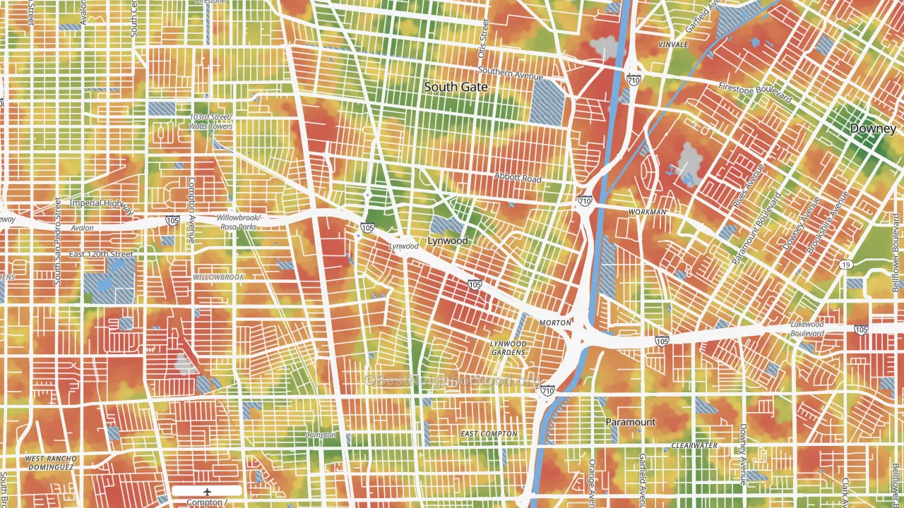 Walk Grade map of 90262, CA, walkable areas in green and car-dependent areas in red