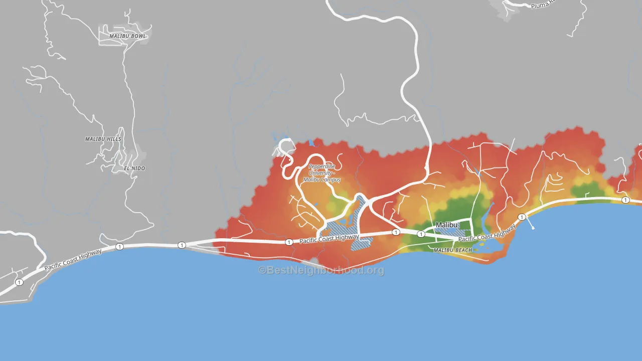 Walk Grade map of 90263, CA, walkable areas in green and car-dependent areas in red