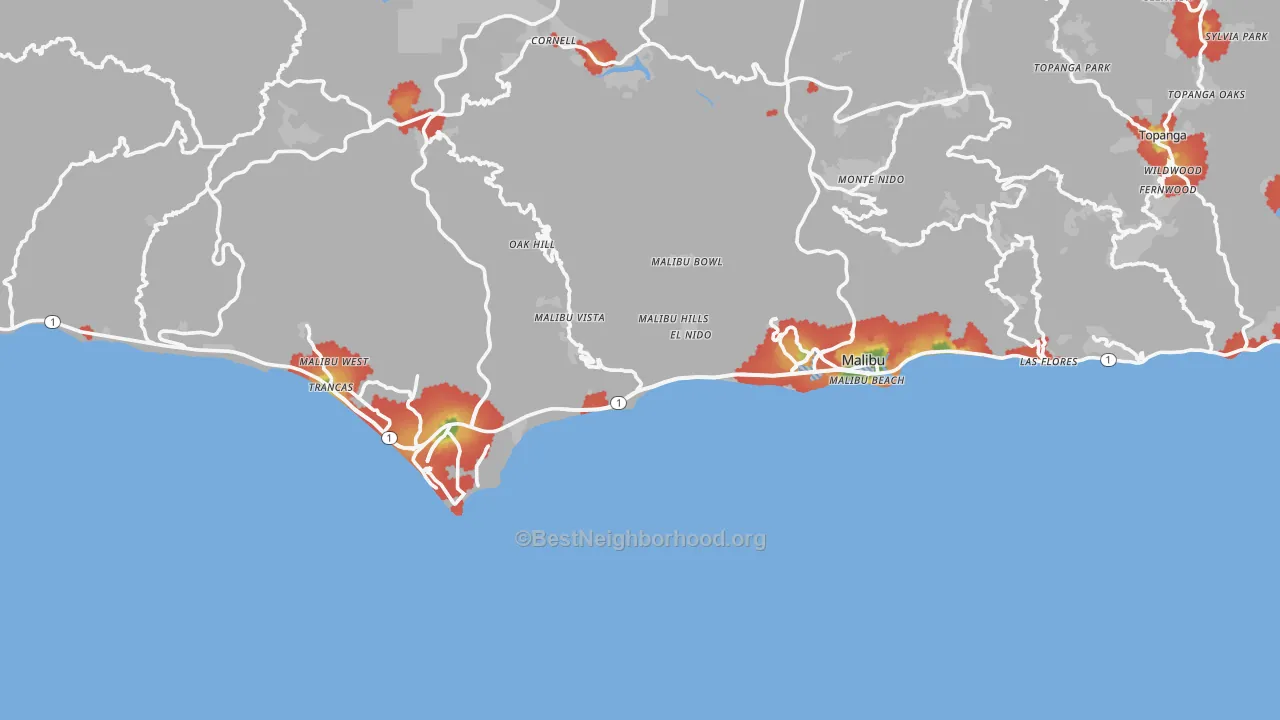 Walk Grade map of 90265, CA, walkable areas in green and car-dependent areas in red