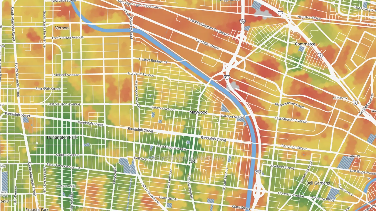 Walk Grade map of 90270, CA, walkable areas in green and car-dependent areas in red