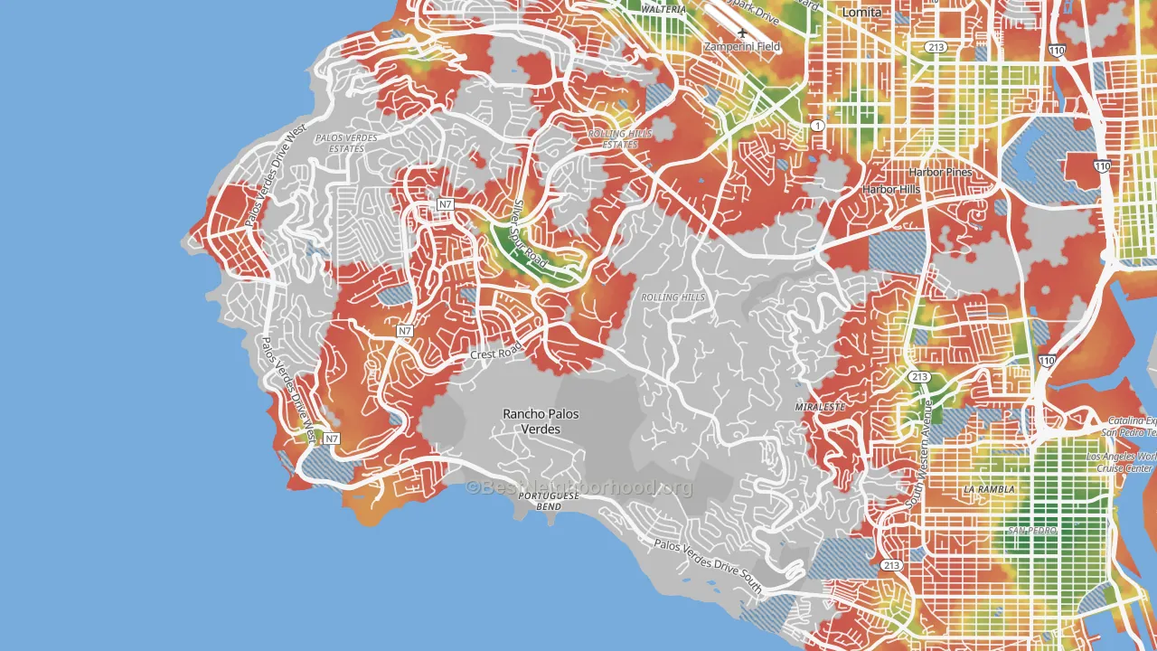 Walk Grade map of 90275, CA, walkable areas in green and car-dependent areas in red