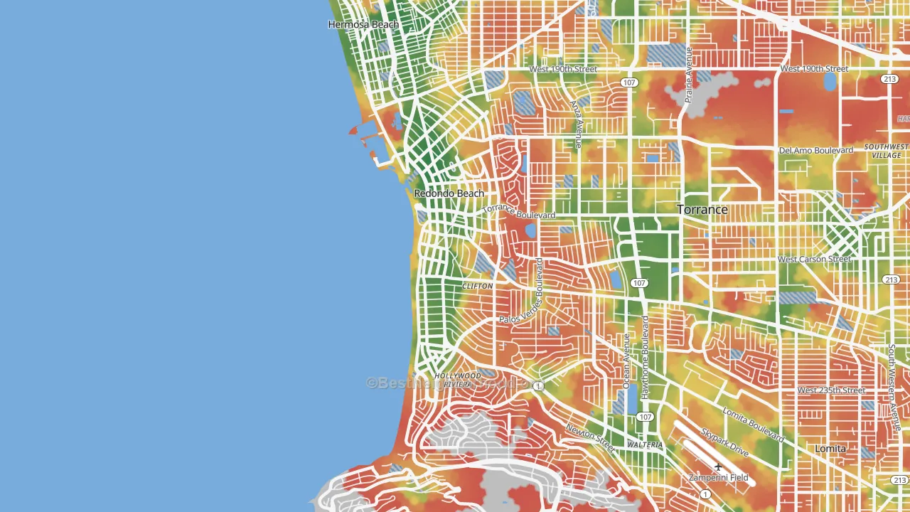 Walk Grade map of 90277, CA, walkable areas in green and car-dependent areas in red