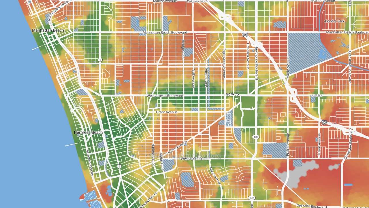 Walk Grade map of 90278, CA, walkable areas in green and car-dependent areas in red