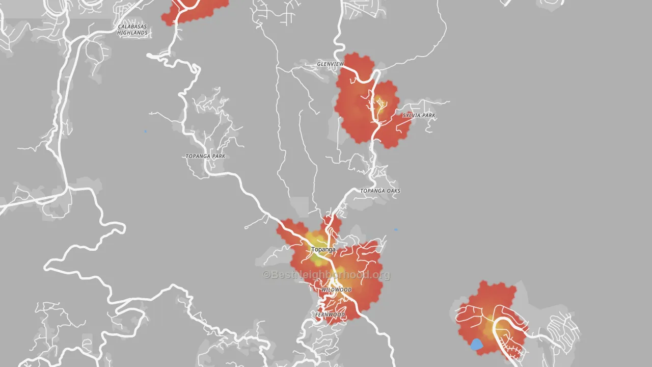 Walk Grade map of 90290, CA, walkable areas in green and car-dependent areas in red