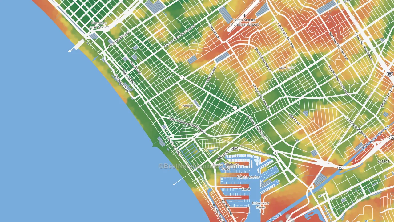 Walk Grade map of 90291, CA, walkable areas in green and car-dependent areas in red