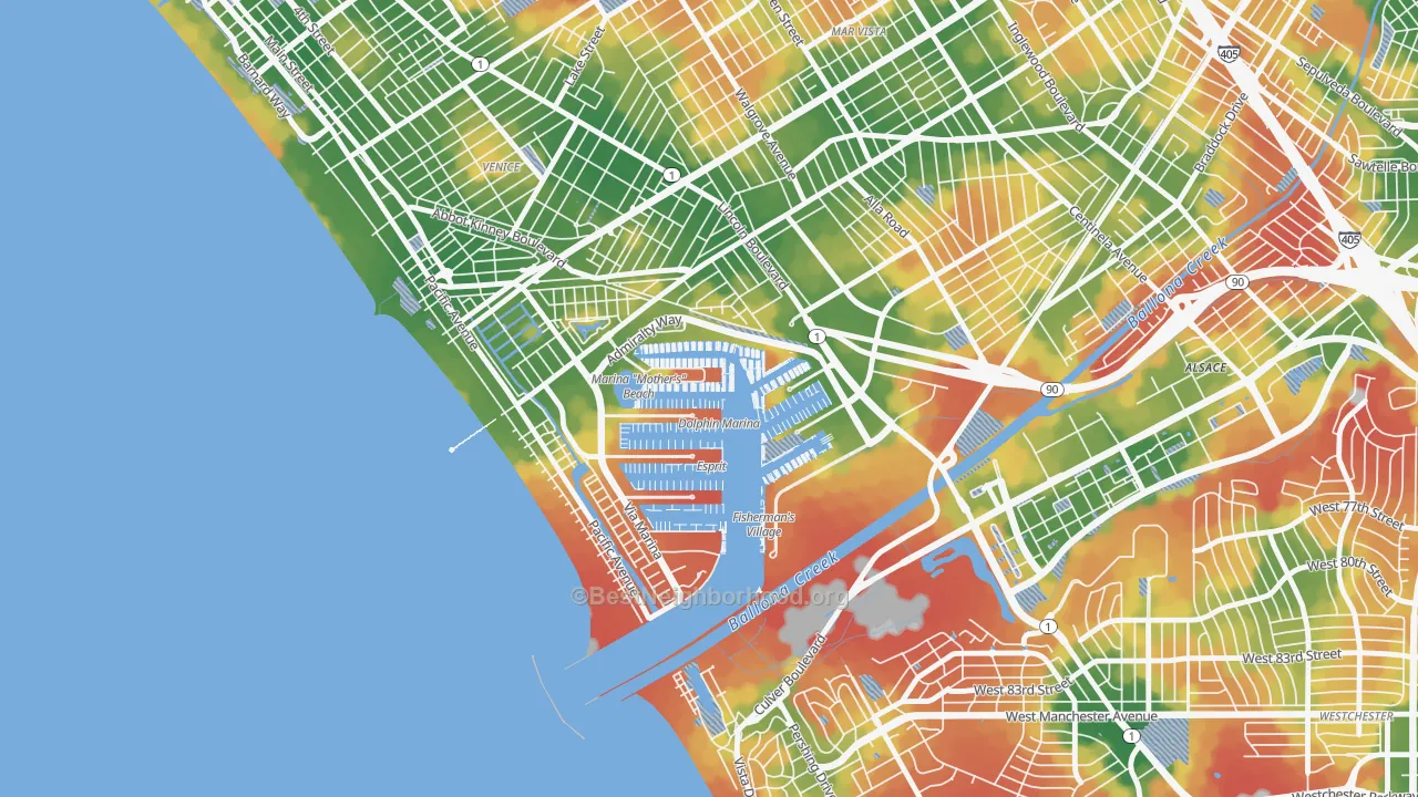 Walk Grade map of 90292, CA, walkable areas in green and car-dependent areas in red