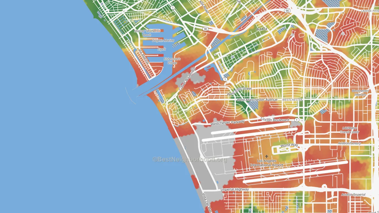Walk Grade map of 90293, CA, walkable areas in green and car-dependent areas in red