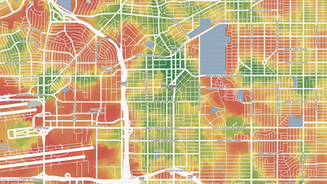 Walk Grade map of 90301, CA, walkable areas in green and car-dependent areas in red