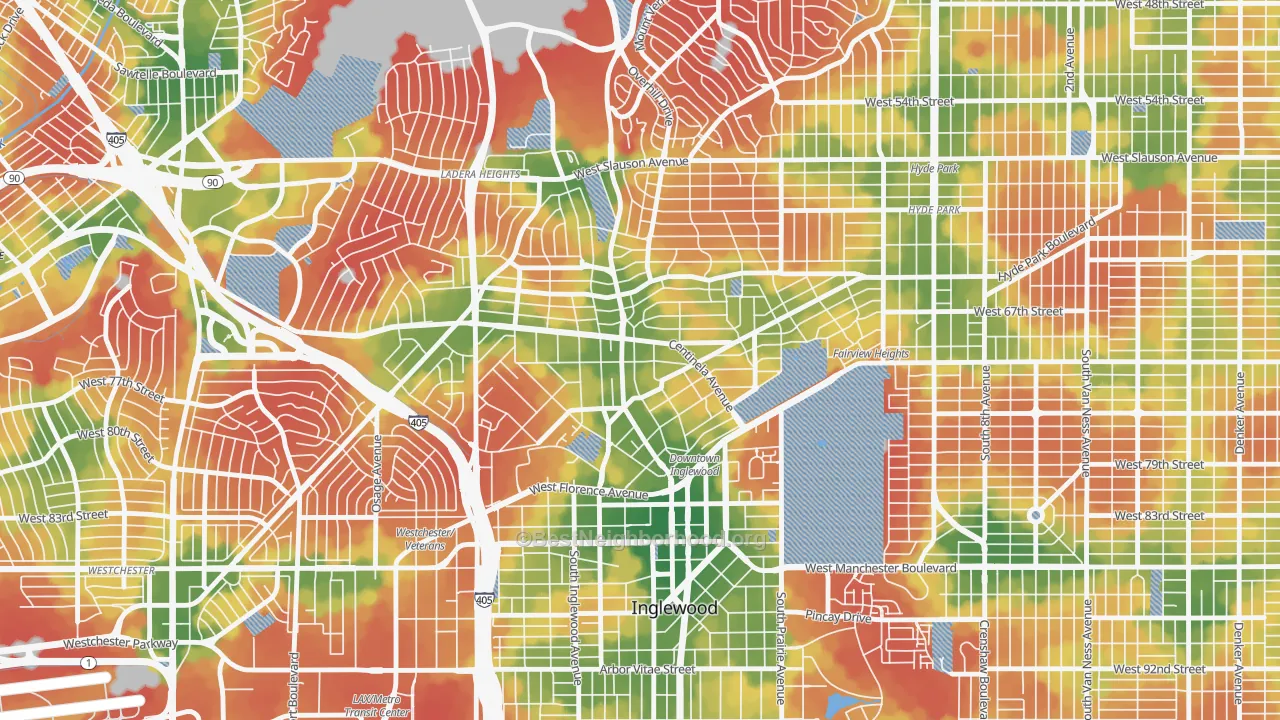Walk Grade map of 90302, CA, walkable areas in green and car-dependent areas in red